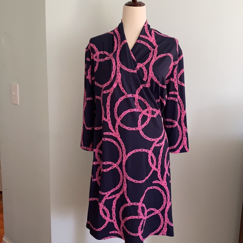 Melly M Faux Wrap Navy Blue and Pink Dress - L